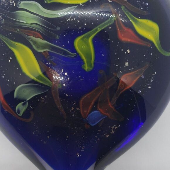 Heart Shaped Cobalt Blue Red Yellow Green Infused Swirls Art Glass Paperweight - Picture 2 of 6